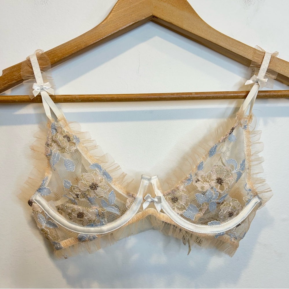 For Love & Lemons Sheer Floral Lace Bra Ruffles Peach